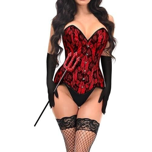 Daisy Corsets Devil Corset Costume(Size 5X) *4 Piece Set* Gloves Pitchfork Horns